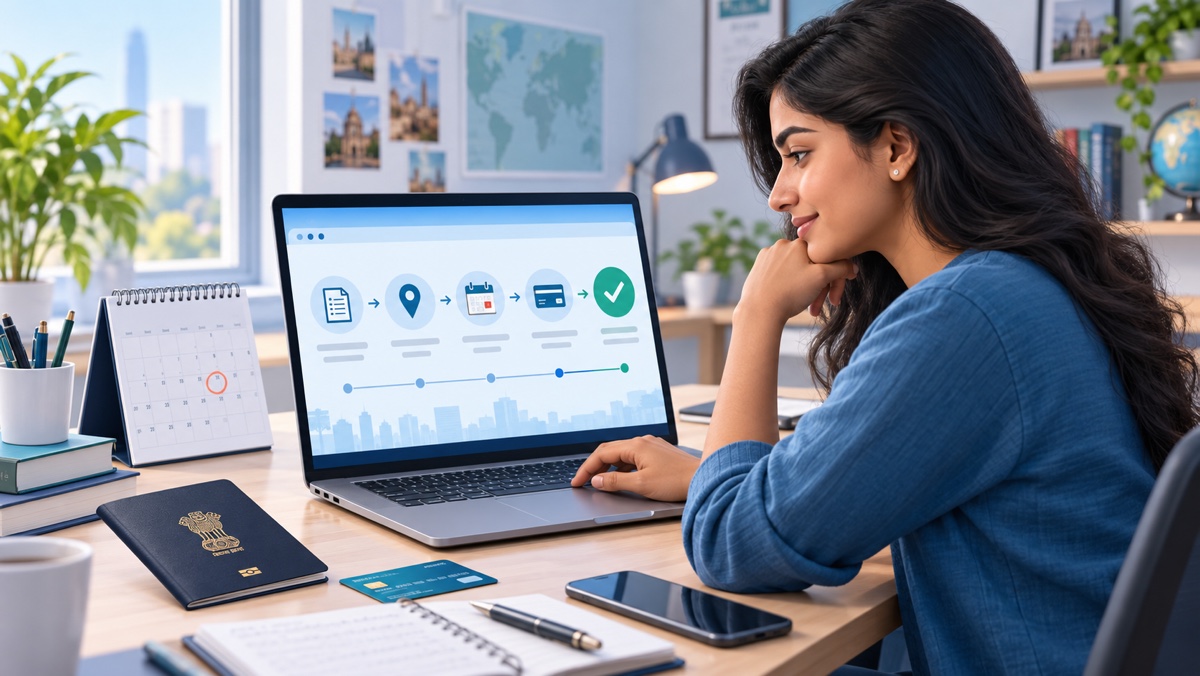 Indian student completing the official PTE exam booking steps on a laptop