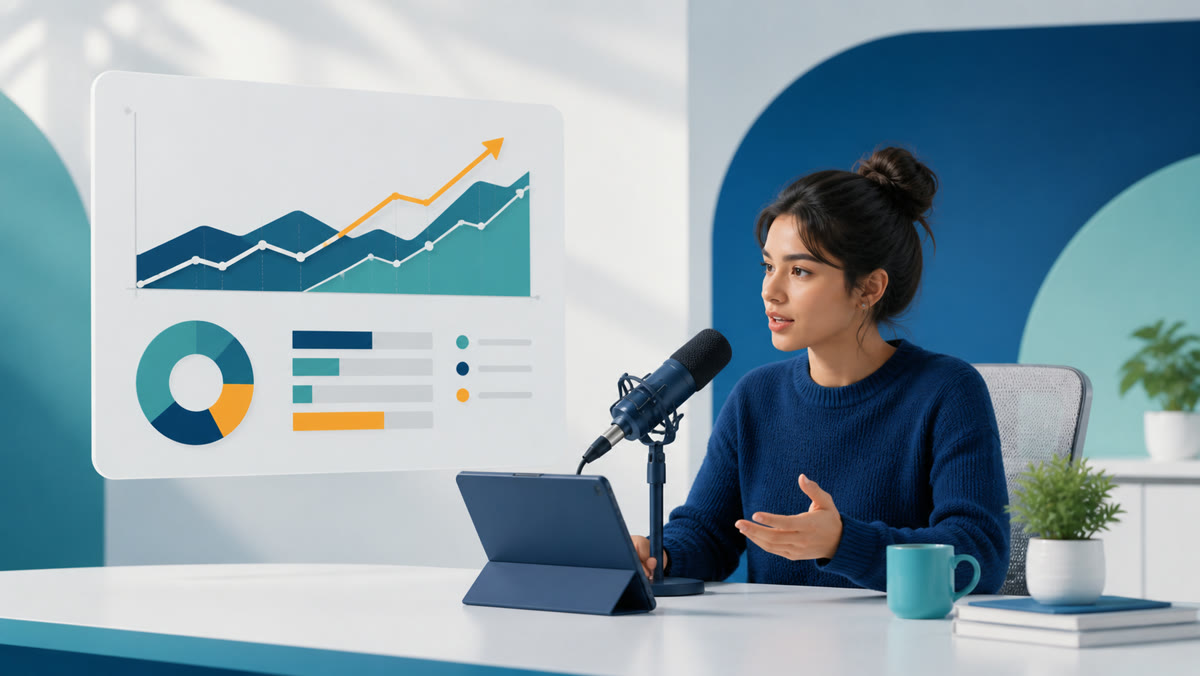 Student speaking into a microphone while interpreting a chart