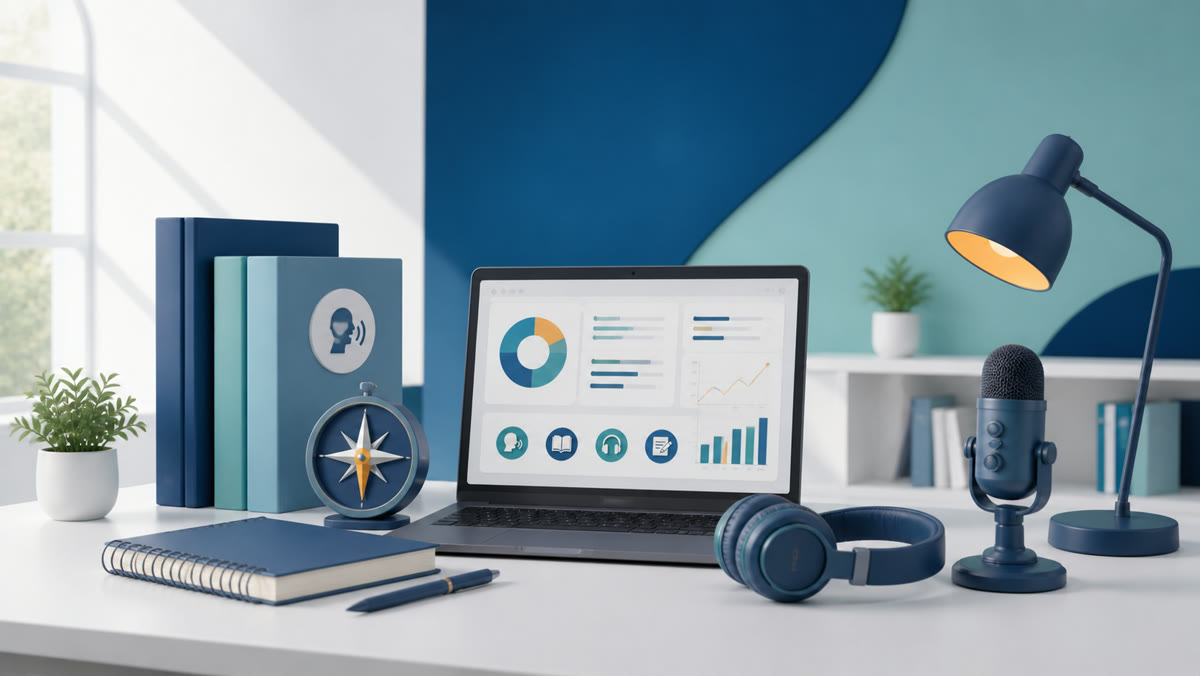 Curated set of PTE practice tools arranged around a study workstation