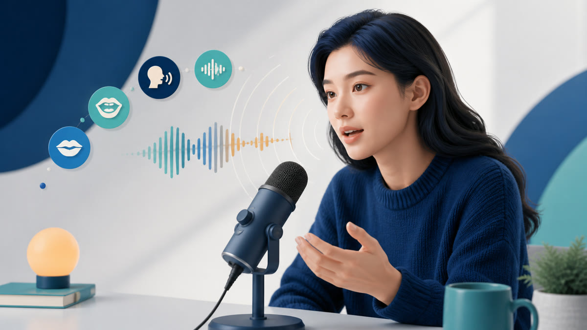 Close view of a learner practising clear speech with a microphone and sound waves
