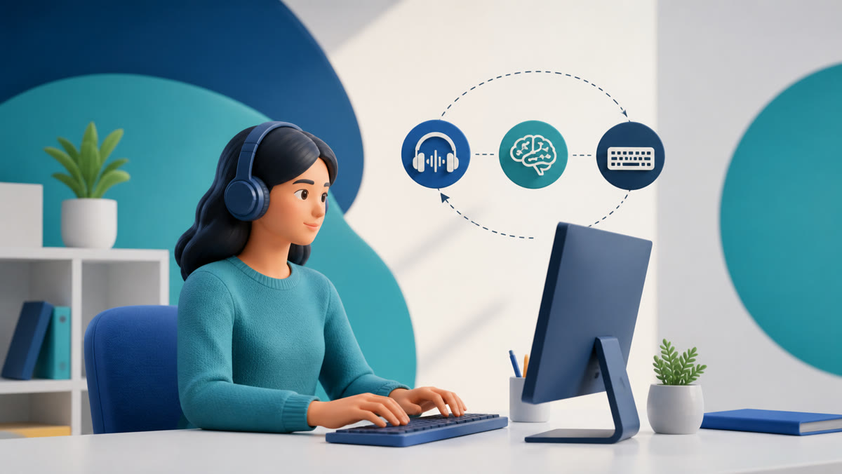 Learner listening closely, holding a sentence in memory and typing it accurately