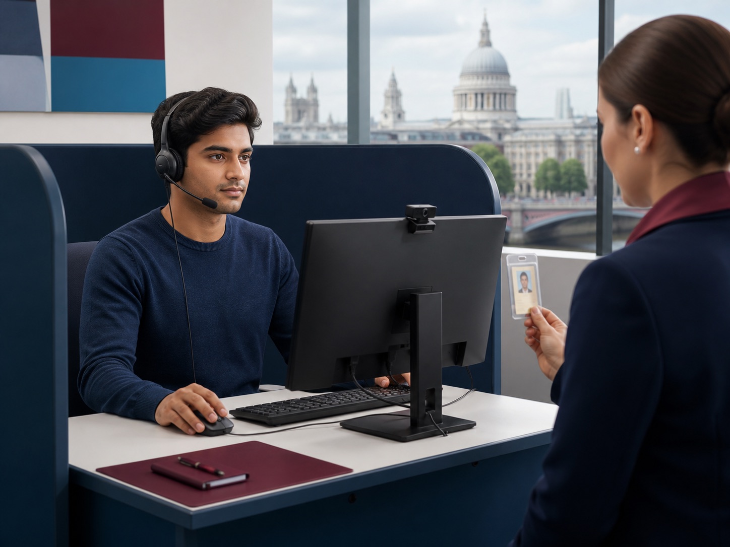 Secure PTE Academic UKVI test setting connected to a stylised British civic building