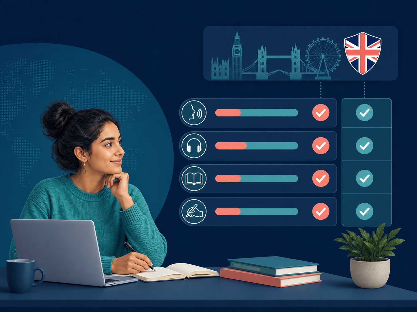 Four PTE Academic UKVI skill results checked against a route-specific language requirement