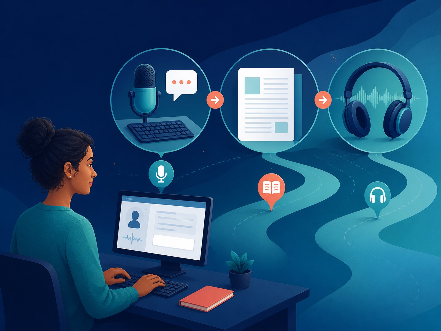 Headset and computer used for recorded speech and typed responses
