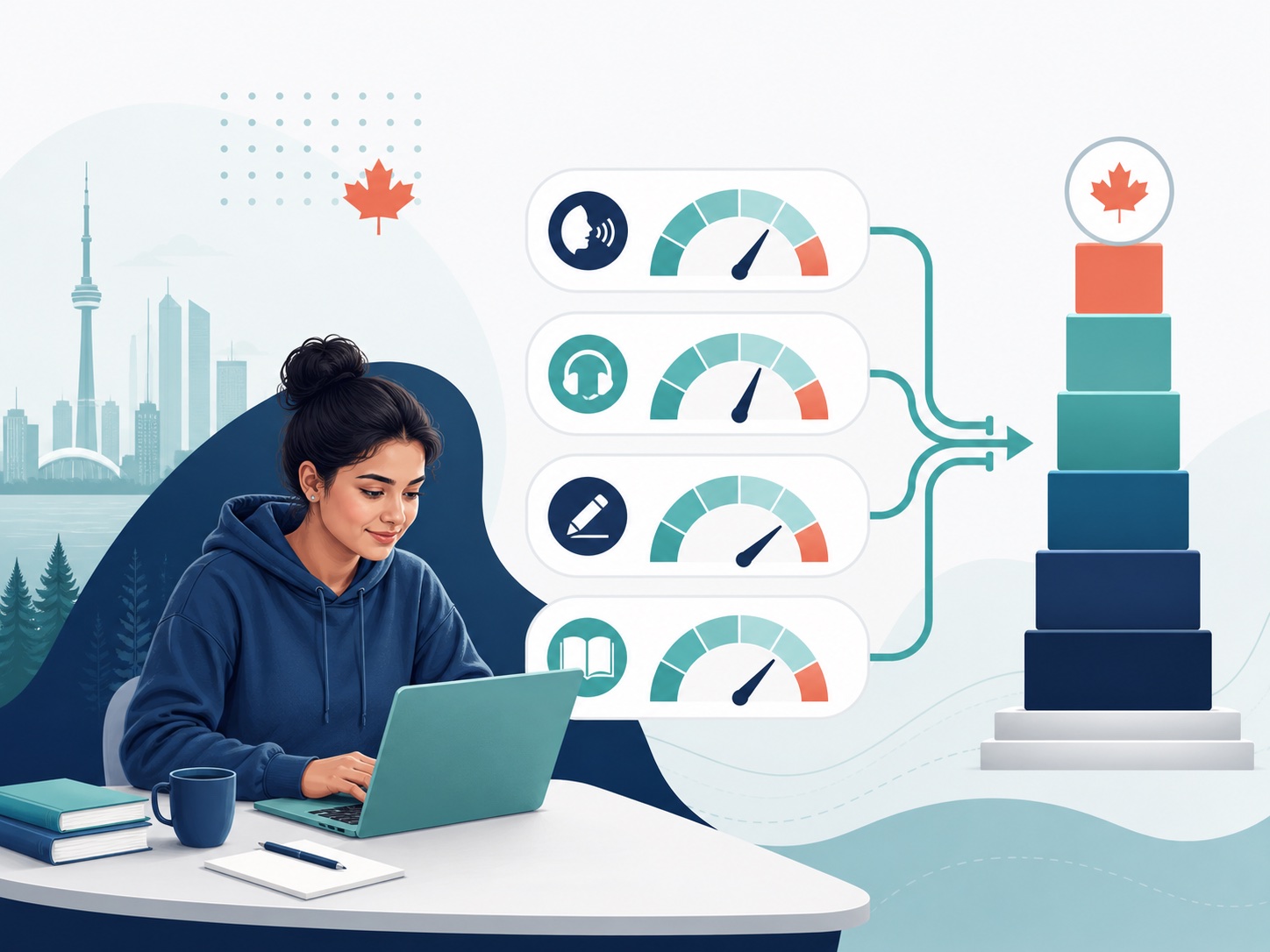 Four PTE Core skill scores connecting separately to Canadian Language Benchmark levels