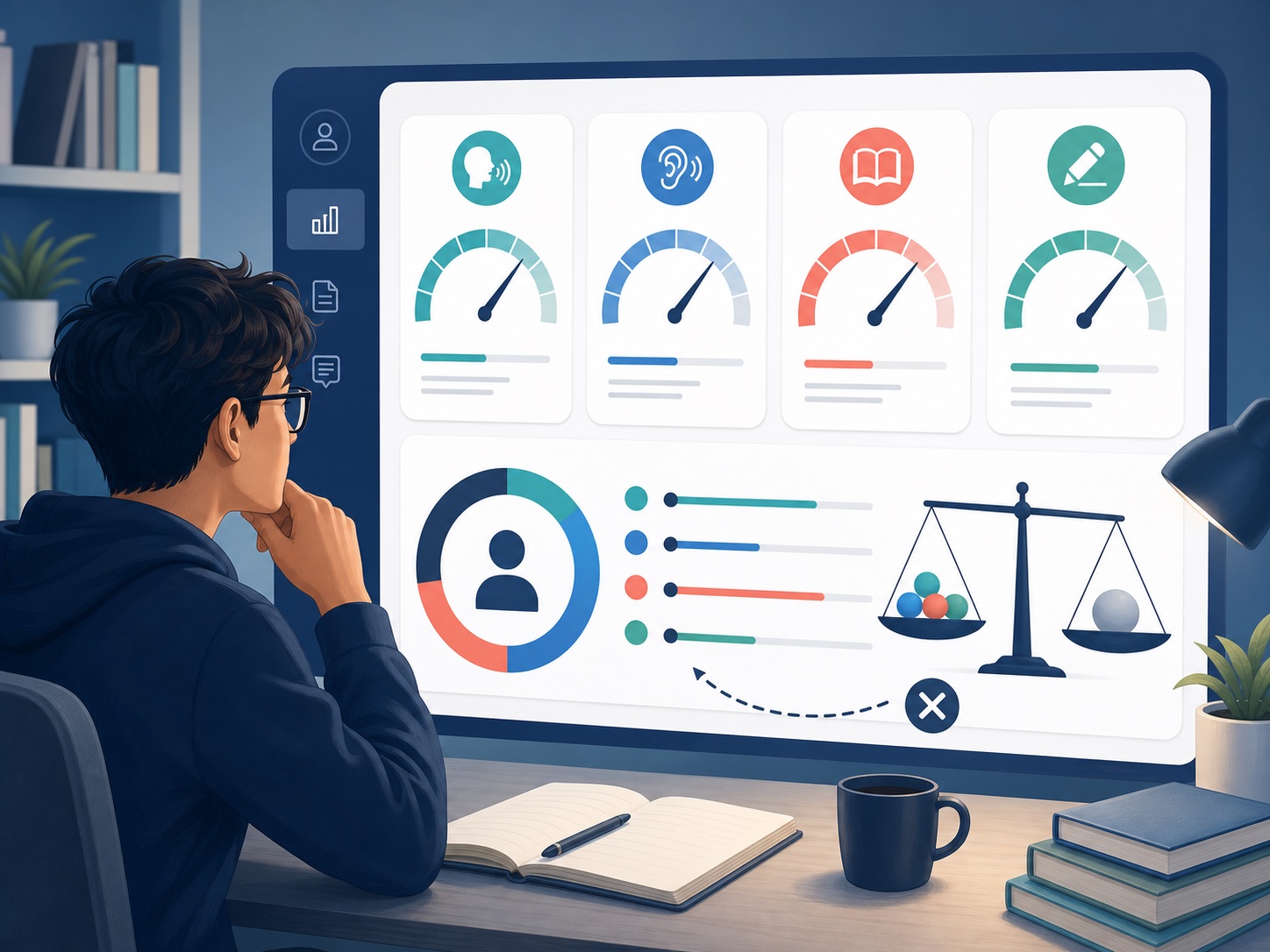 Learner checking an overall result and separate skill scores