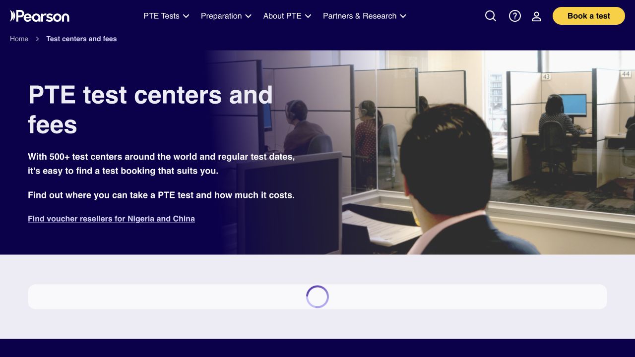 Reference capture of Pearson’s test-centres and fees page; use the live finder for current availability